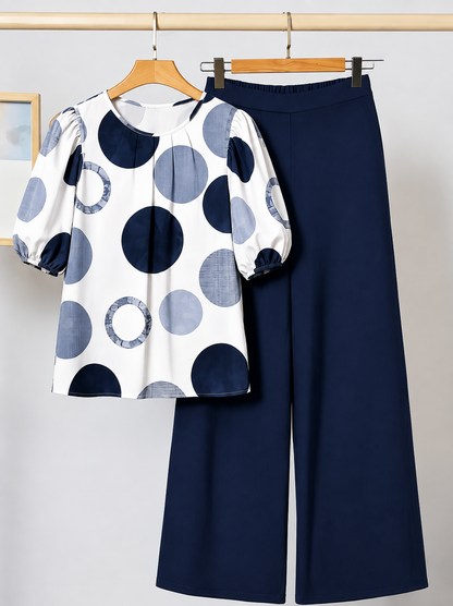 Women’s Comfortable Casual Pullover Top & Wide-Leg Pants 2-Piece Outfit