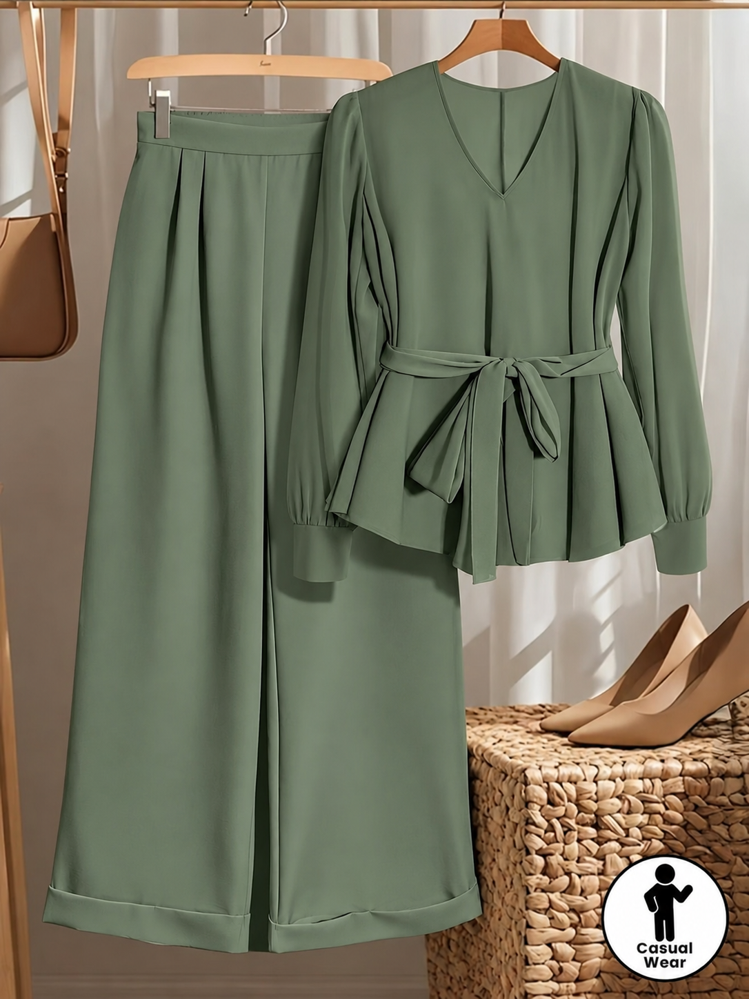 Plus Size Women’s Fashionable Lace-Up Waist Blouse & Casual Trousers Outfit