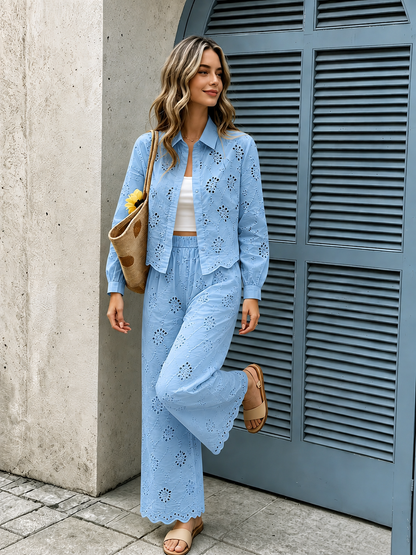Women’s French-Inspired Embroidered Blouse & Ruffled Wide-Leg Trousers Co-Ord