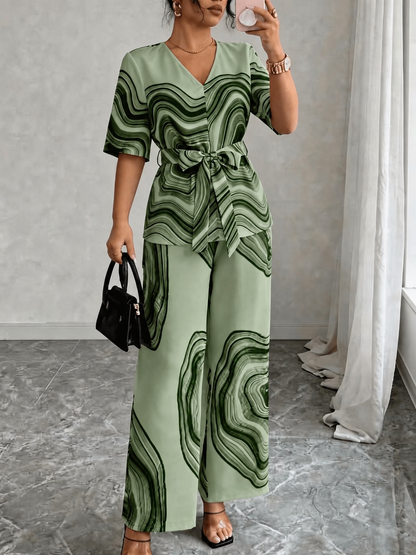 Women’s Wave Print Lace-Up V-Neck Top & Wide-Leg Pants Set