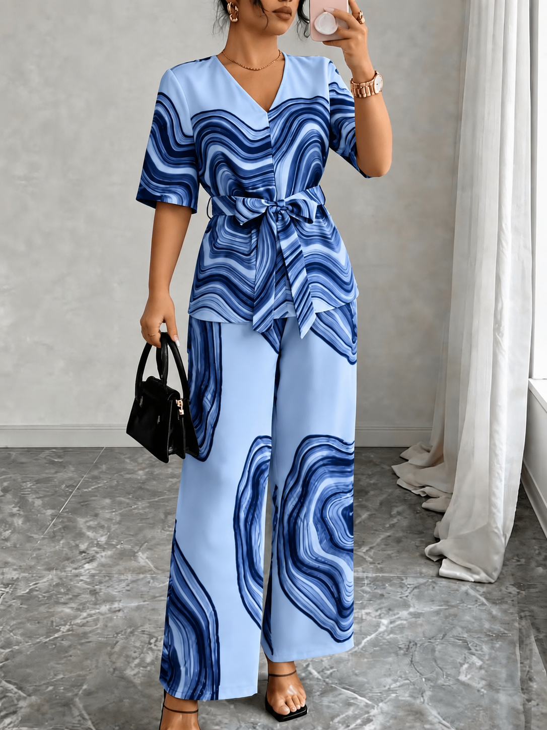 Women’s Wave Print Lace-Up V-Neck Top & Wide-Leg Pants Set