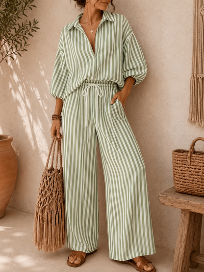 Women’s Striped Lapel Shirt & Relaxed Pants Co-Ord Set