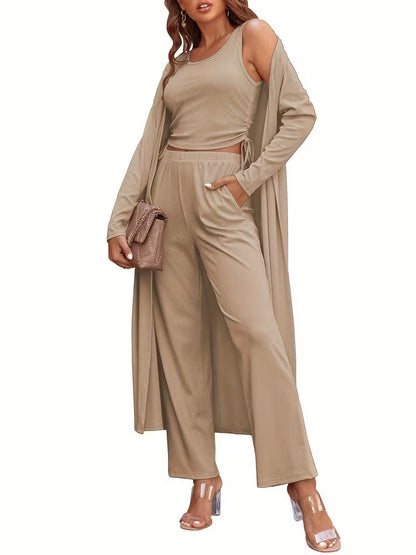 Women’s Long Sleeve Knit Cardigan, Top & Pants Pajama Set