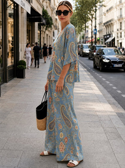 Women’s Boho Paisley Print Batwing Top & Wide-Leg Pants Co-Ord