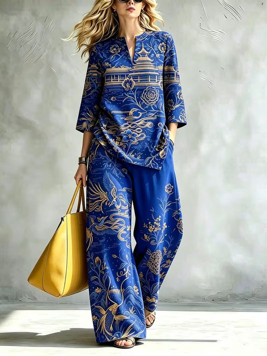Women’s Elegant Stand Collar Top & Flowing Wide-Leg Pants Co-Ord