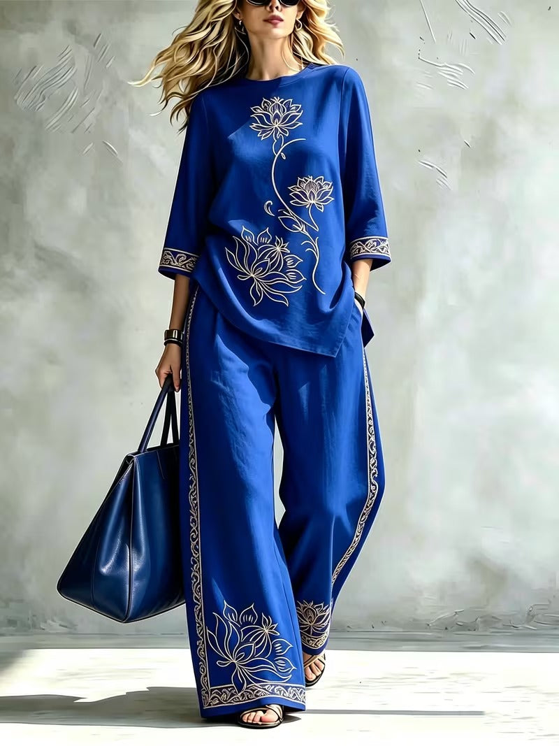 Women’s Lotus Print Round-Neck Top & Wide-Leg Pants Set
