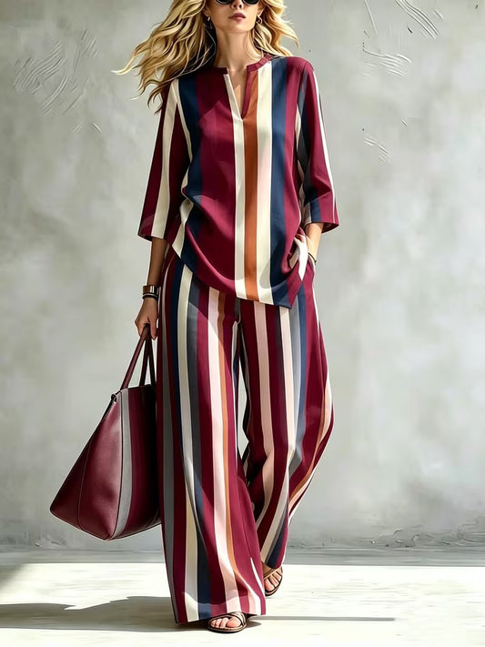 Women’s Loose-Fit Striped Top & Wide-Leg Pants Set