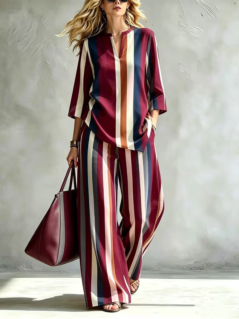 Women’s Loose-Fit Striped Top & Wide-Leg Pants Set