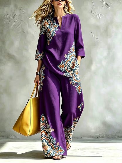 Women’s Exotic Floral Top & Wide-Leg Pants Co-Ord
