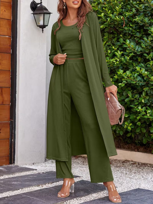 Women’s Long Sleeve Knit Cardigan, Top & Pants Pajama Set