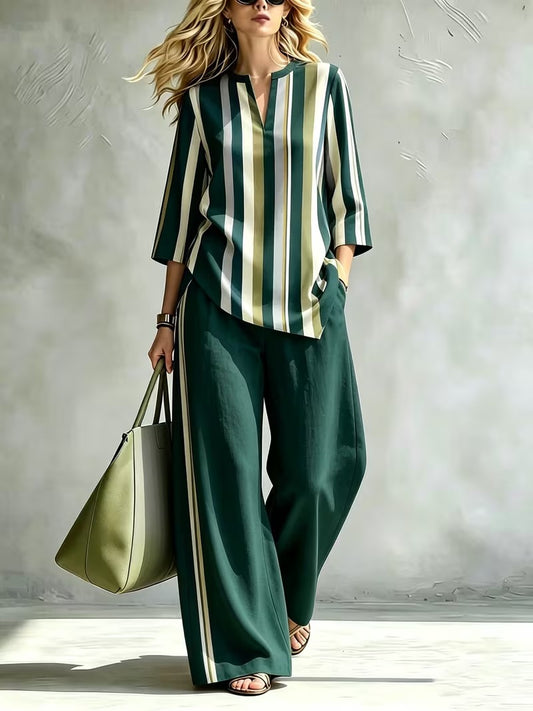 Women’s Loose-Fit Striped Top & Wide-Leg Pants Set