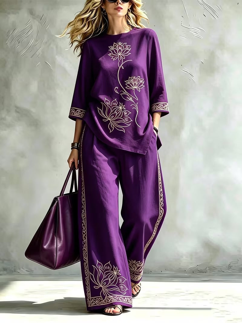 Women’s Lotus Print Round-Neck Top & Wide-Leg Pants Set