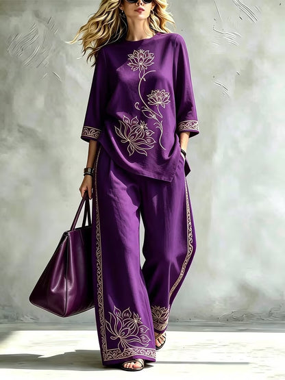Women’s Lotus Print Round-Neck Top & Wide-Leg Pants Set