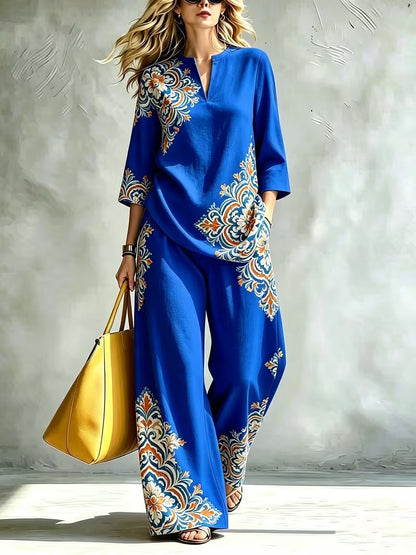 Women’s Exotic Floral Top & Wide-Leg Pants Co-Ord