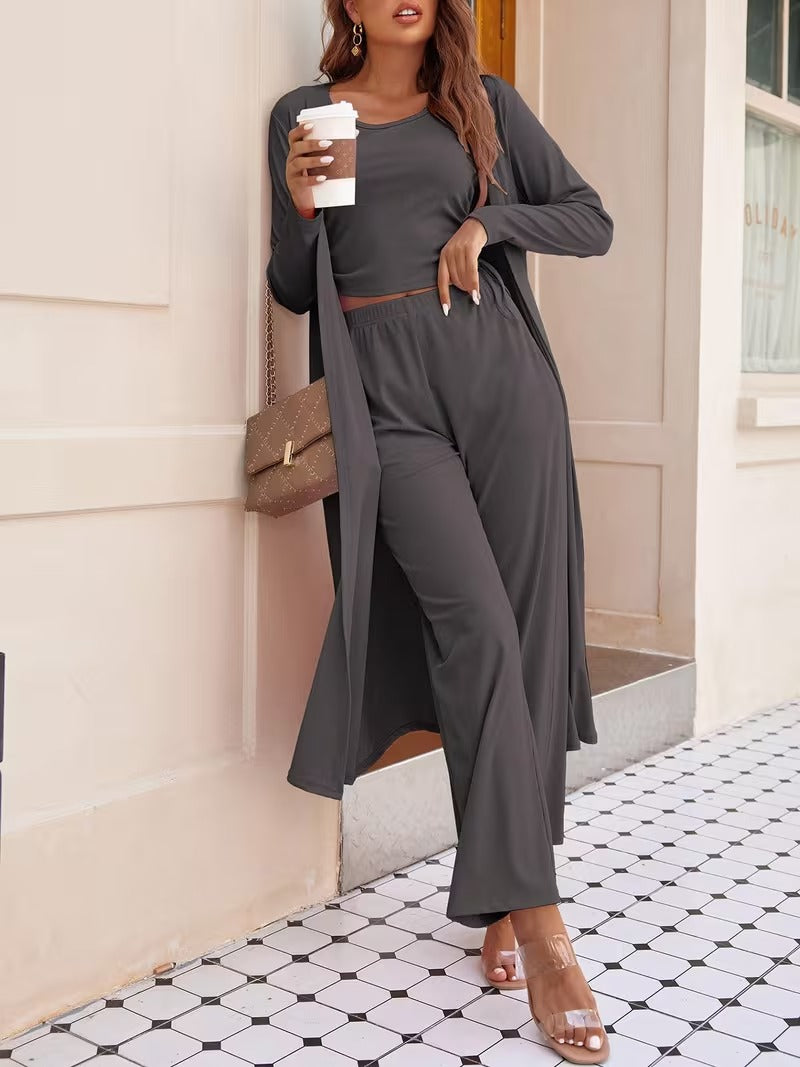 Women’s Long Sleeve Knit Cardigan, Top & Pants Pajama Set