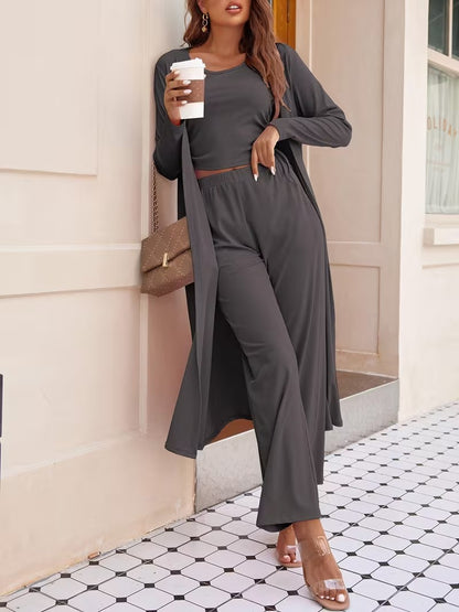 Women’s Long Sleeve Knit Cardigan, Top & Pants Pajama Set