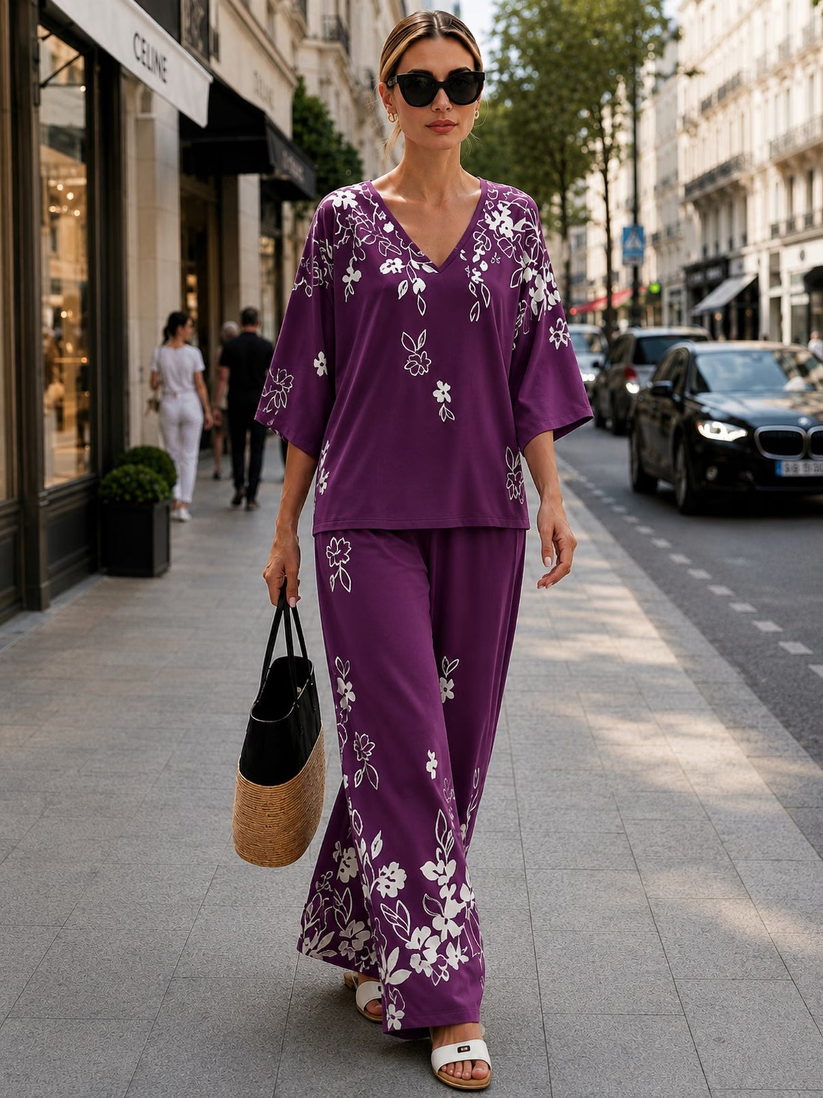 Women’s Boho Paisley Print Batwing Top & Wide-Leg Pants Co-Ord