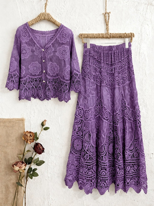 Women’s Elegant Button-Front Shirt & Flowing Long Skirt Outfit