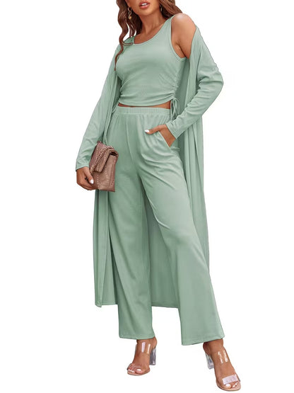 Women’s Long Sleeve Knit Cardigan, Top & Pants Pajama Set