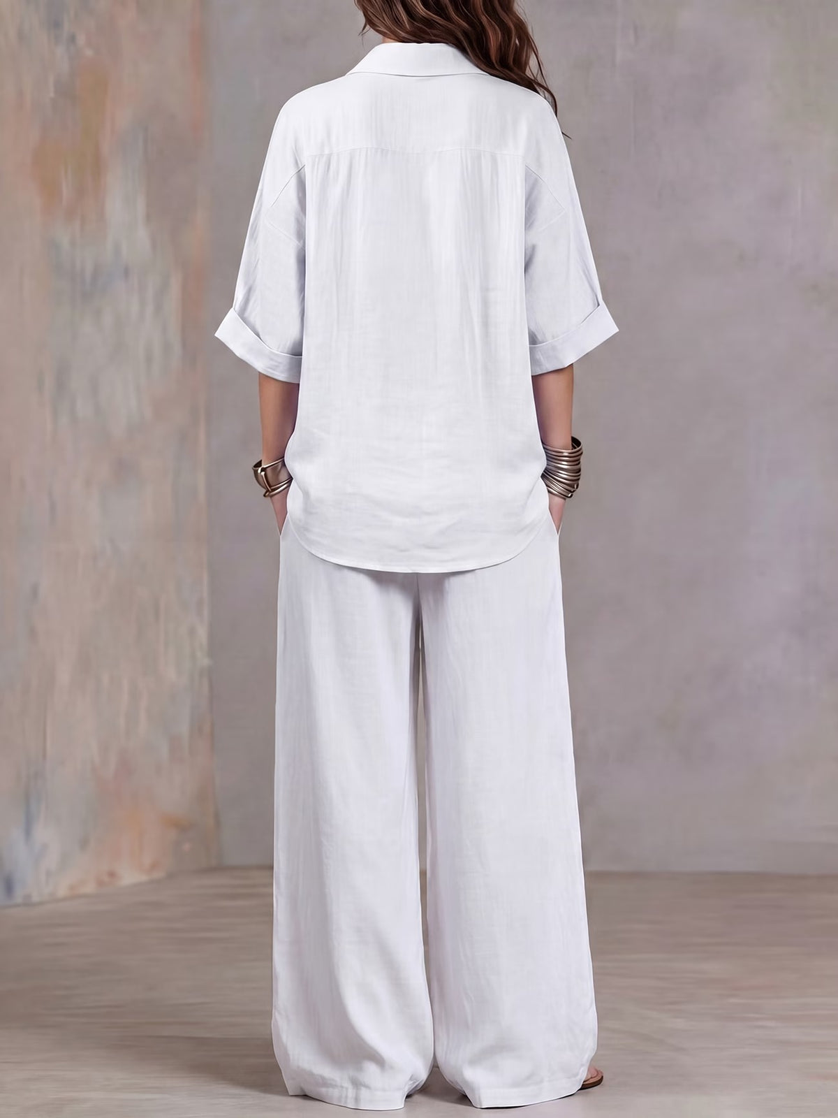 Women’s Lightweight Lapel Top & Elastic-Waist Wide-Leg Pants Set