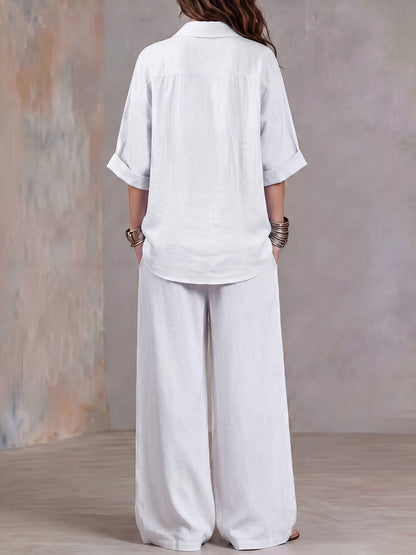 Women’s Lightweight Lapel Top & Elastic-Waist Wide-Leg Pants Set