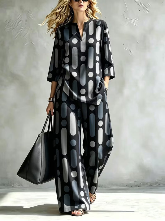 Women’s Casual Stand Collar Top & High-Waist Pants Set