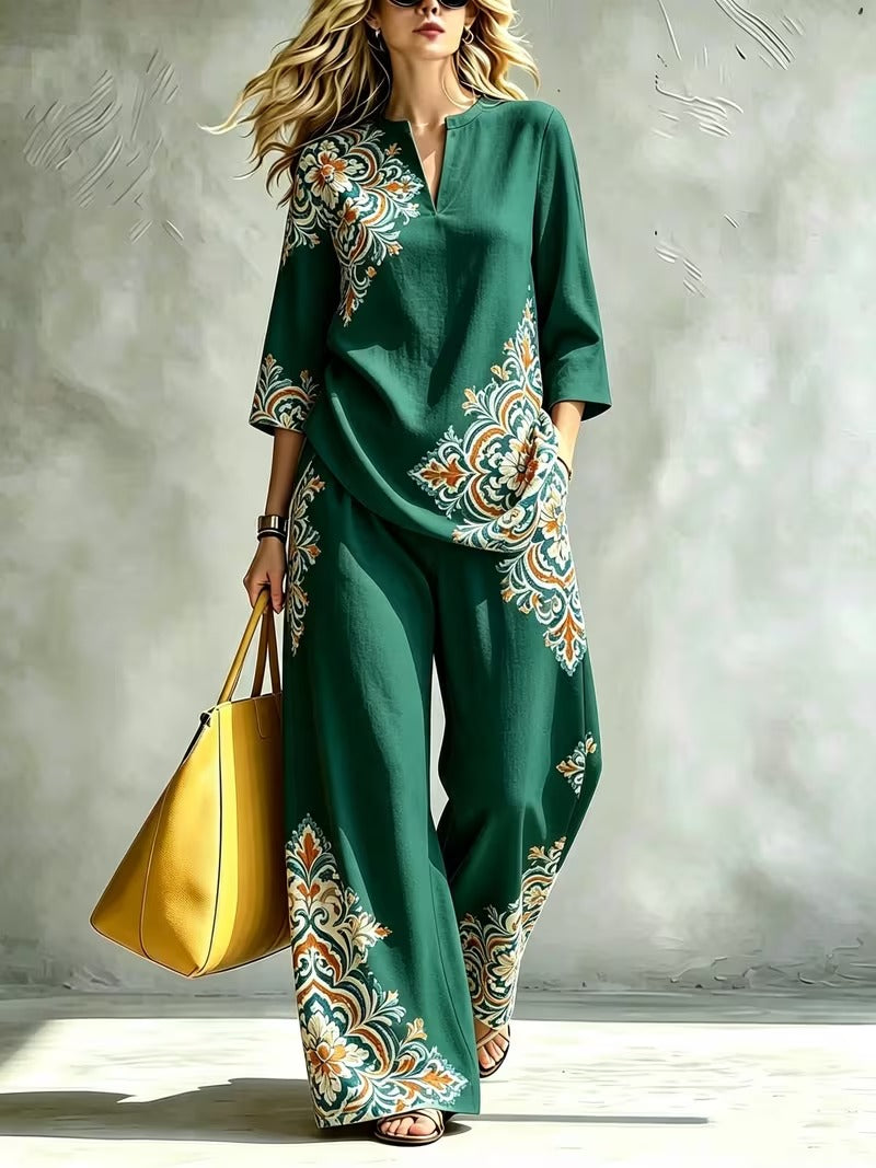 Women’s Exotic Floral Top & Wide-Leg Pants Co-Ord