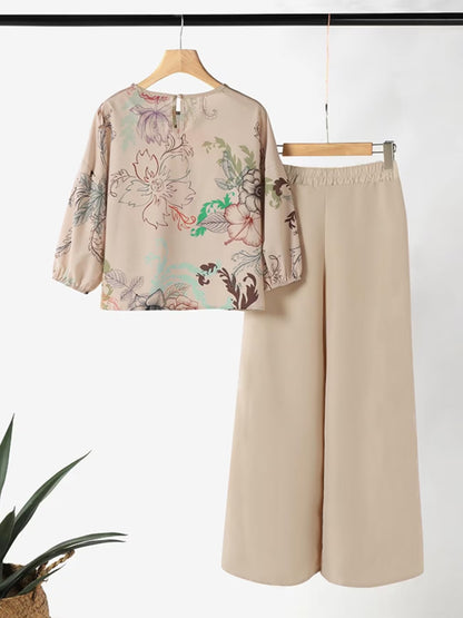Women’s Lightweight Floral Blouse & Long Trousers 2-Piece Casual Set