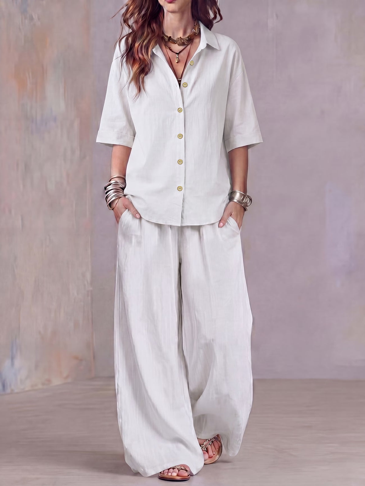 Women’s Lightweight Lapel Top & Elastic-Waist Wide-Leg Pants Set
