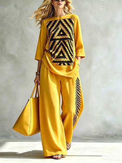 Women’s Boho Pullover & High-Waist Wide-Leg Pants Set