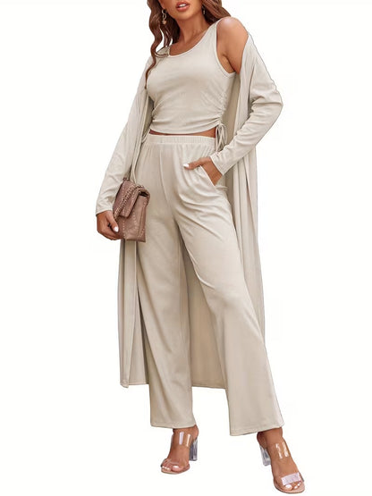 Women’s Long Sleeve Knit Cardigan, Top & Pants Pajama Set