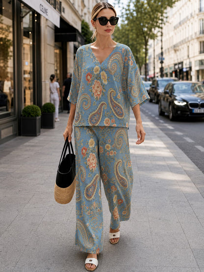 Women’s Boho Paisley Print Batwing Top & Wide-Leg Pants Co-Ord