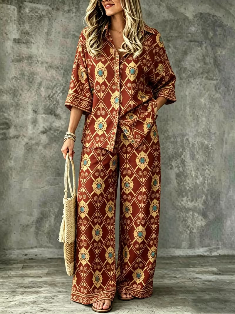 Women’s Vintage-Inspired Shirt & Wide-Leg Pants Co-Ord