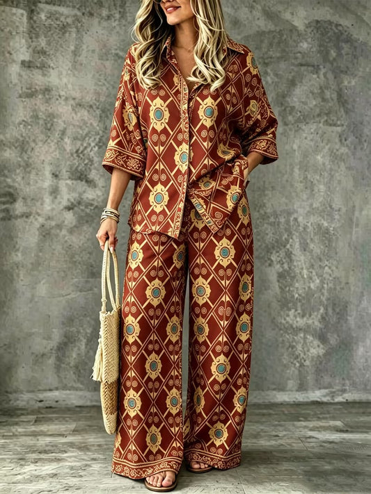 Women’s Vintage-Inspired Shirt & Wide-Leg Pants Co-Ord