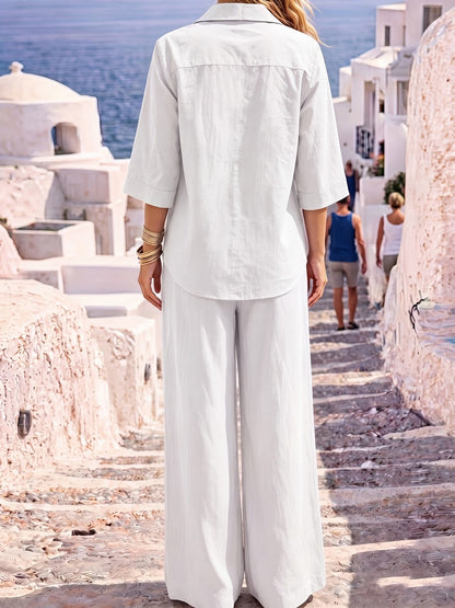 Women’s Casual Chic Blazer-Collar Shirt & Wide-Leg Pants Co-Ord