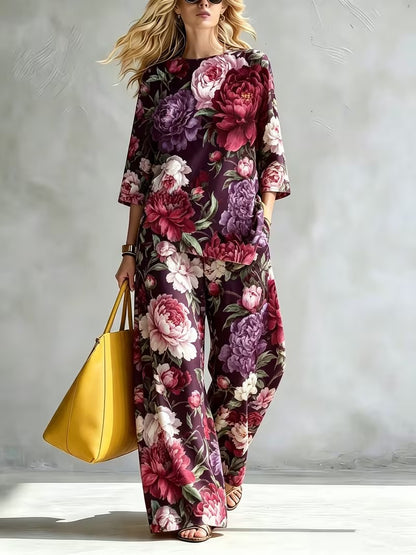 Women’s Elegant Stand Collar Top & Flowing Wide-Leg Pants Co-Ord