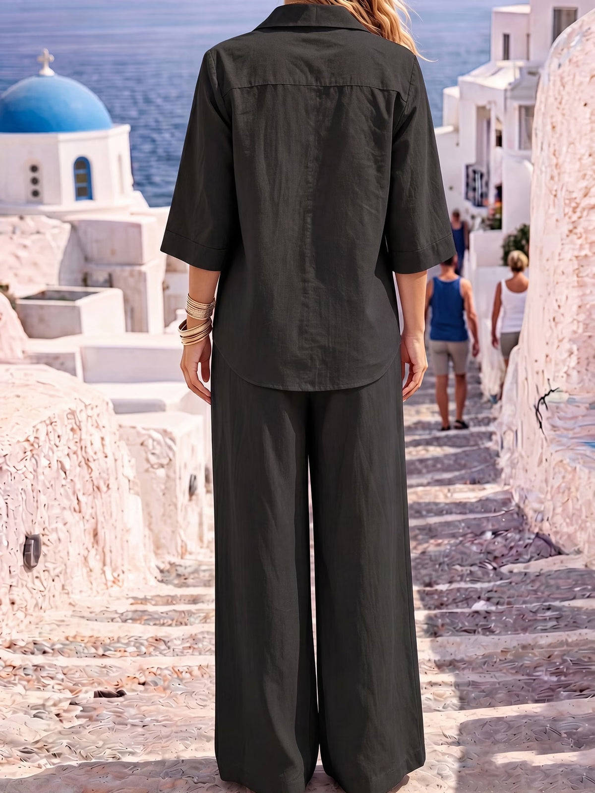 Women’s Casual Chic Blazer-Collar Shirt & Wide-Leg Pants Co-Ord
