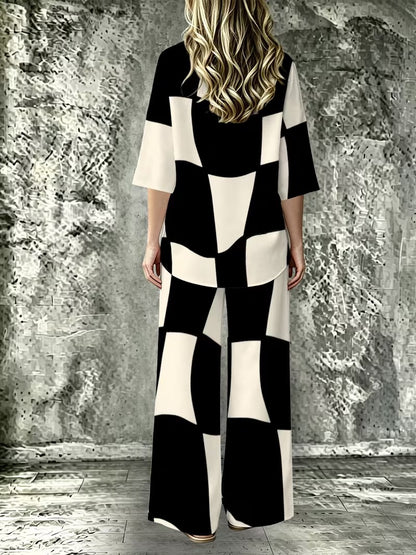 Women’s Casual Lapel Collar & Wide-Leg Pants Set