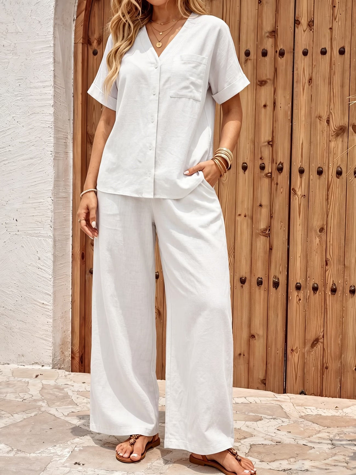 Women’s Relaxed Short-Sleeve Top & Wide-Leg Pants Everyday Set