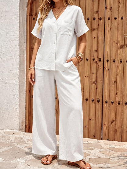 Women’s Relaxed Short-Sleeve Top & Wide-Leg Pants Everyday Set