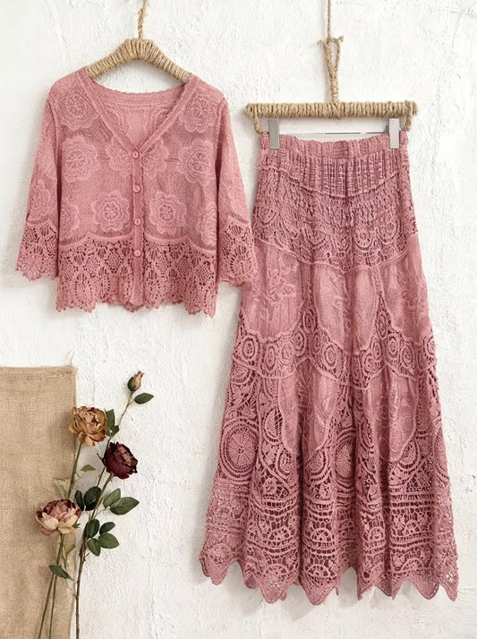 Women's Boho Lace Two-Piece Skirt Set