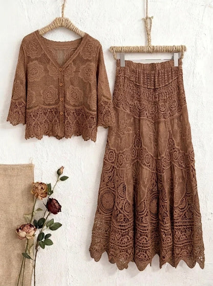 Women's Boho Lace Two-Piece Skirt Set