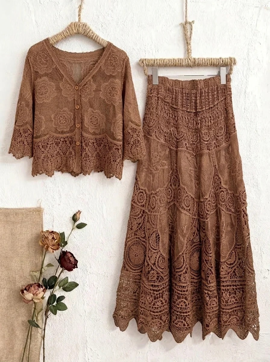 Women's Boho Lace Two-Piece Skirt Set