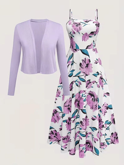 Women's Romantic Floral Dress & Lightweight Cardigan Set