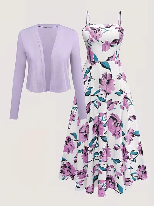 Women's Romantic Floral Dress & Lightweight Cardigan Set