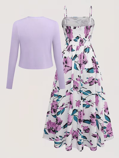 Women's Romantic Floral Dress & Lightweight Cardigan Set