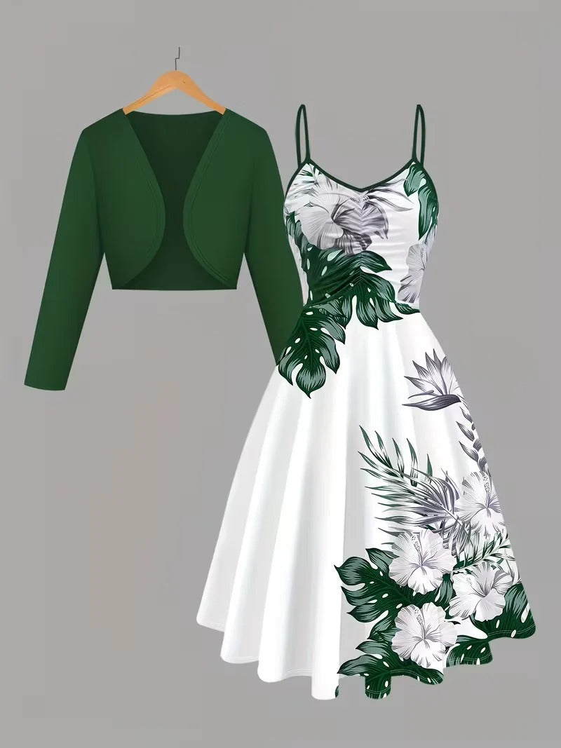 Women's Romantic Floral Dress & Lightweight Cardigan Set