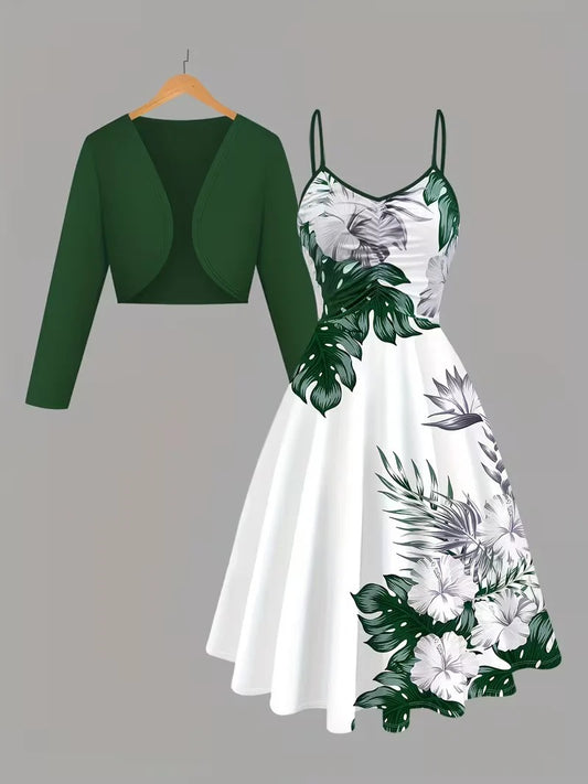 Women's Romantic Floral Dress & Lightweight Cardigan Set