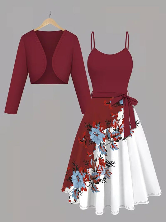 Women's Romantic Floral Dress & Lightweight Cardigan Set