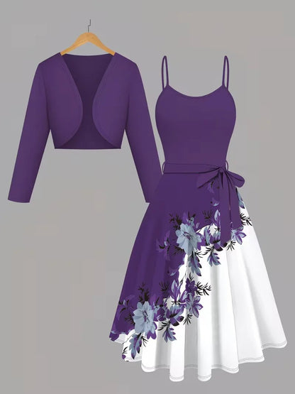 Women's Romantic Floral Dress & Lightweight Cardigan Set